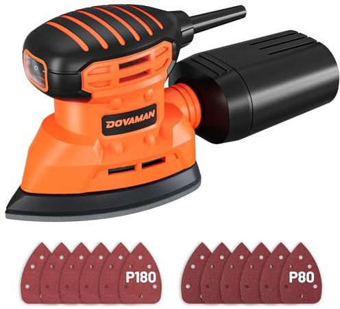 DOVAMAN DLS03A Detail Palm Sander, 130W, Dust Collection System, 12PCS Sandpaper, 12000RPM Compact Hand Tool for Wood Steel Surfaces