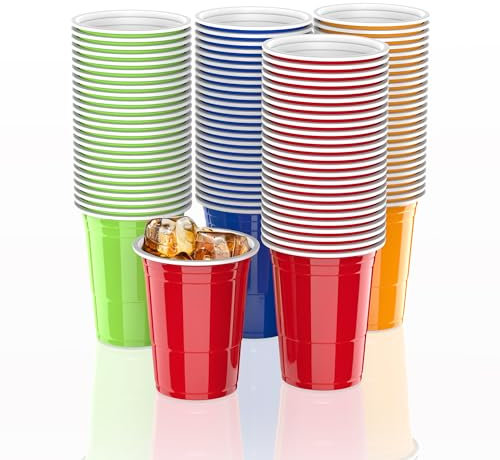 Metionga 100 Plastikbecher Set + 10 Bälle, 473ML/ 16 OZ Mehrweg, Partybecher Plastik Becher, Kunststoff Cups, American Cups für Party Geburtstag Hochzeit