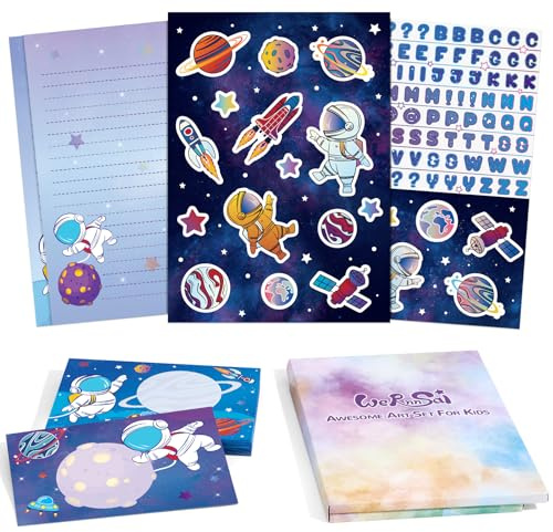 WERNNSAI Ensemble de papeterie pour enfants Astronaute Ensemble de papeterie pour garçons Ensemble de papier à lettres pour adolescents Ensemble de papier à lettres aérospatial Feuilles d'écriture