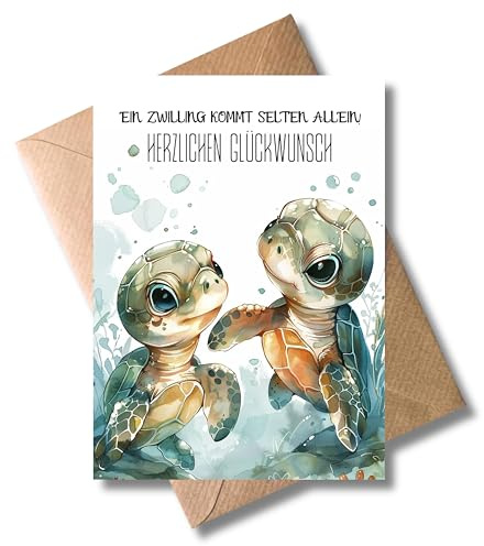 WBdesignz Glückwunschkarte zur Geburt von Zwillingen mit Umschlag – liebevoll gestaltete Grußkarte mit Schildkröten-Motiv & Spruch „Ein Zwilling kommt selten allein“ neutral & süß (DIN A6)