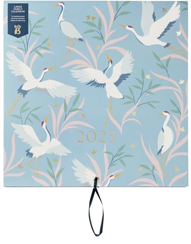 Busy B - Calendario Familiar de Pared Grande 2025 - Diseño Pájaros Azules - Calendario mensual 2025 para familias atareadas con 5 columnas y bolsillos de almacenamiento y pegatinas de colores