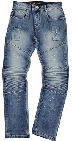 Men's Distressed Denim Jeans with Paint Splatter Design, Stone Wash Blue (UK, Waist & Inseam, 38, 33, Blue)
