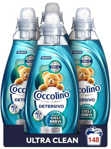 Coccolino Wonder Wash, Detersivo Lavatrice Liquido, Ultra Clean, Efficace nei Cicli Brevi da 15 Minuti, Anche a Freddo, Fragranza che Dura a Lungo, Pulizia Profonda, 37 Lavaggi, 4 Pezzi da 1480 ml