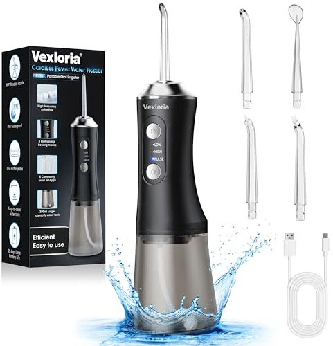 Vexloria Idropulsore Dentale Portatile, 300ML Irrigatore Orale Senza Fili, Water Flosser 3 Modalità E 4 Ugelli, IPX7, Nero
