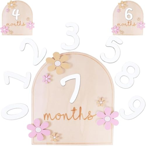XOXVURI 1 Juego Tarjetas De Hitos Mensuales Para Bebe Con Puntos De Pegamento Estilo Flor Tarjeta Mensual De Madera Bebés Accesorios Para Fotos Para Bebés De 0-12 Meses Baby Shower Cumple Mes