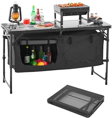 VEVOR Camping Küchentisch klappbarer Kochtisch Outdoor, 3-Fach höhenverstellbar, tragbare Kochstation aus Aluminium mit Organizer & Tragegriff, für Grillpartys Picknicks Wohnmobilreisen Schwarz