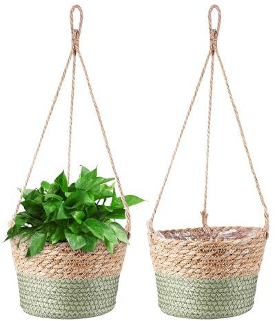 2 Stück Blumentopf Hängende Seagrass Pflanzenkorb, 20cm Hängender Pflanzkübel, Handgewebter Blumenampel mit Langem Hängendem Seil für Indoor Outdoor Decor
