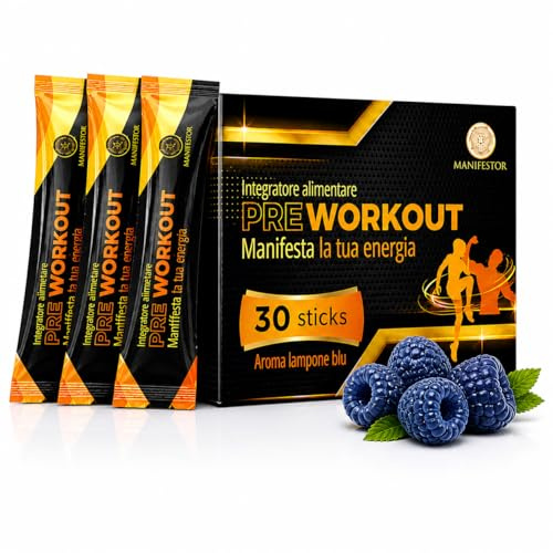 Pre Workout Pre Allenamento 30 Stick 300g Integratore Sport con Creatina Citrullina Beta Alanina Taurina Caffeina Vitamine B6 B12 Energia e Concentrazione Prima dello Sport Aroma Lampone Blu