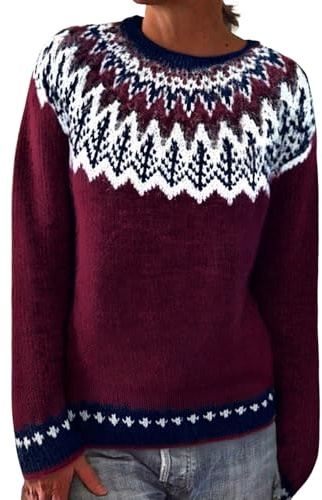 YCBMINGCAN Jersey de punto para mujer en estilo noruego, suéter de invierno de chenilla de punto grueso, parte superior de manga larga con estampado jacquard, cuello redondo informal, #1-vino, 5XL