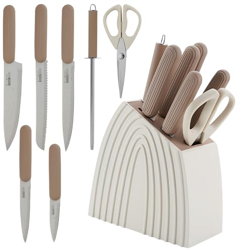 MDHANDD 8-teiliges Messerset, Küchenmesser Set mit Messerblock und Schleifstein – Edelstahlmesser, Messer Set für Schneiden Schneiden Würfeln Hacken (Beige)