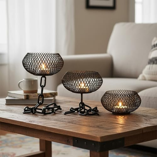 Lxoraziy Set da 3 Portacandele in Ferro Vintage, Portacandele in Metallo a Rete con Base a Catena, Decorazione Industriale per Tavolo e Soggiorno