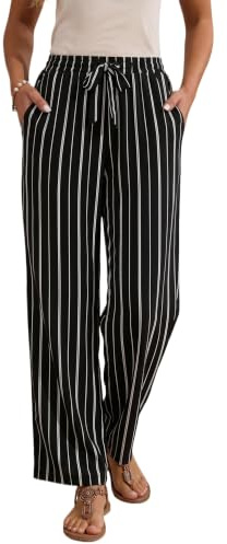 YUTILA Pantalones de verano para mujer, de pierna ancha, pantalones de playa, pantalones ligeros de tela, a rayas, cintura elástica con bolsillos, pantalones frescos de vacaciones, pantalones Palazzo