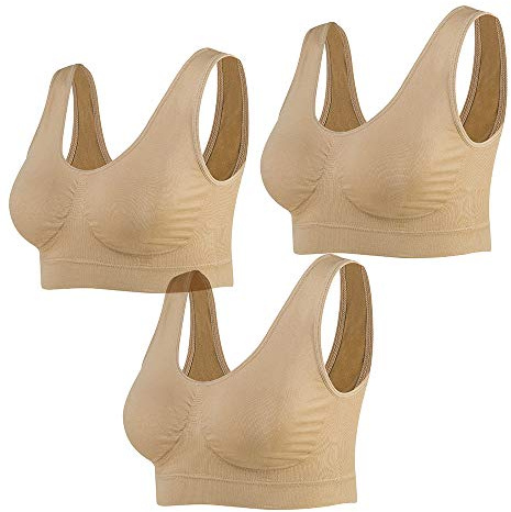 Lemef 3-Pack Seamless Sports Bra Wirefree Yoga Bra with Removable Pads for Women, XL, 3 nude