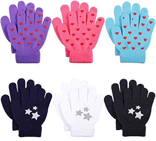Cooraby 6 Pairs Kids Warm Magic Gloves Winter Stretchy Knit Gloves for Boys Girls