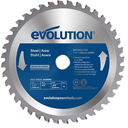 Evolution Hoja de 185 mm M185TCT-40CS de Evolution para cortar acero dulce: la hoja de sierra de metal con punta de carburo y 40 dientes no genera calor, rebabas ni chispas