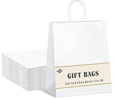 Switory Bolsa de papel Kraft de 50 piezas, bolsa de regalo de compras blanca de 13x9,5x20cm con asas retorcidas para el favor de la fiesta, embalaje, personalización, transporte, venta al por menor