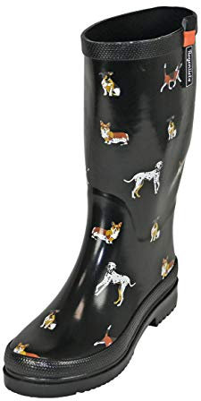 Regenliebe Damen Gummistiefel Waldi High Langschaft Regenstiefel Hunde Motiv, Farbe:schwarz, Größe:37 EU