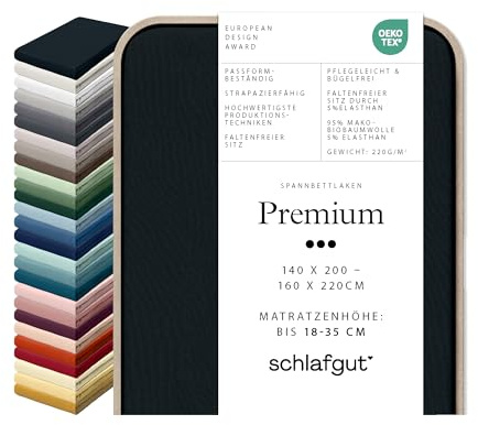 Schlafgut Premium Spannbettlaken 95% Mako Bio Baumwolle & 5% Elasthan Made in Green by Oeko Tex (140x200cm bis 160x220cm Matratzenhöhe von 18 bis 35 cm, Off-Black)