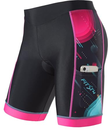 FitsT4 Sports Kids Cycling Bike Shorts Boys Girls Printed Biking Shorts Padded Youth Triathlon Shorts with Pockets Pink Size S