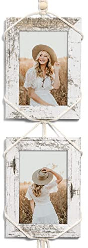 Takfot 4x6 Hanging Picture Frames Collage with 2 Detachable Boho Frames for Wall Decor, White Distressed Wood Farmhouse Rustic Photo Frame, Gifts for Mom Grandma Family Father Friend