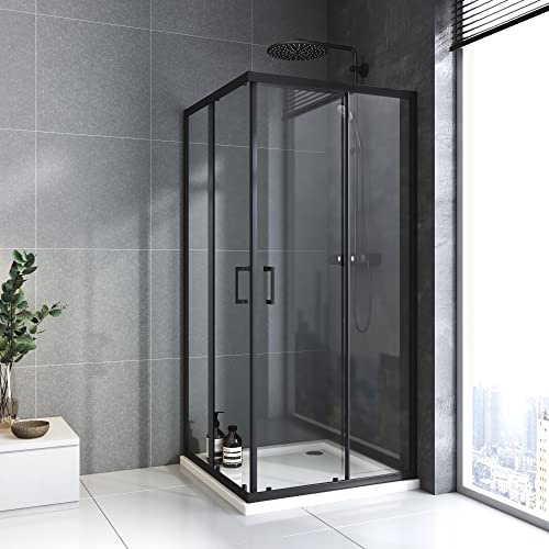 Duschkabine 90 x 100 x 185 cm ESG-Glas Duschabtrennung komplett mit Nano, Eck-Dusche mit Doppel Schiebetür flexible Montage Duschkabine Schiebetür Schwarz