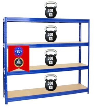 PROREGAL Étagère Charge Lourde Dino | HxLxP 180x200x45cm | 500kg par Niveau | Bleu | Étagère Robuste de Garage, Atelier, Cave, sous-Sol, Stockage, Rangement, Rayonnage