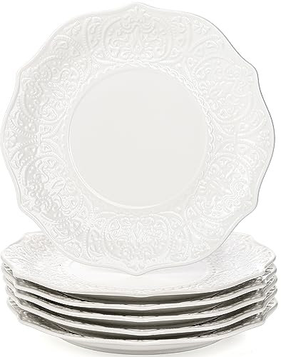 SOUJOY Set of 6 Dessert Plate, 8 Inch Porcelain Salad Serving Dish, Embossed Printing Small Dinner Plates for Salad, Pancakes, Steak, Microwave, Dishwasher Safe