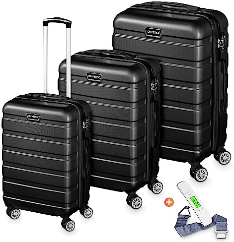 VESKA 3tlg. Hartschalenkofferset Hard Shell Reisekoffer Kofferset Trolley Koffer Hartschalenkoffer Reisekofferset Rollkoffer TSA Zahlenschloss 4 Rollen ABS-Hartschale M-L-XL (schwarz)