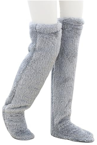 UIVXXUD Over Knee Fuzzy Socks, Thigh High Fluffy Leg Warmers (Light Grey)