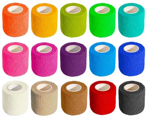 Self Adhesive Bandage Wrap 15Roll,Non-Woven Cohesive Bandage Tape,5CM x 5Yard Vet Wrap Tape for Wrist & Ankle Grip Cover,Elastic Athletic Tape-15color