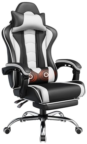 Yaheetech Gaming Chair, Video Game Chair with Massage Lumbar Support and Footrest Height Adjustable Ergonomic Computer Gaming Chair with Swivel Seat and Headrest, Black/White