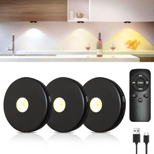 BORDEAG USB Aufladbar LED Spots,3 Stück Schrankbeleuchtung Kabellos LED Mit Fernbedienung,USB Aufladbar Vitrinenbeleuchtung LED, 3 Farbtemperaturen,Rund LED Schrankbeleuchtung Für Küche,Schlafzimmer