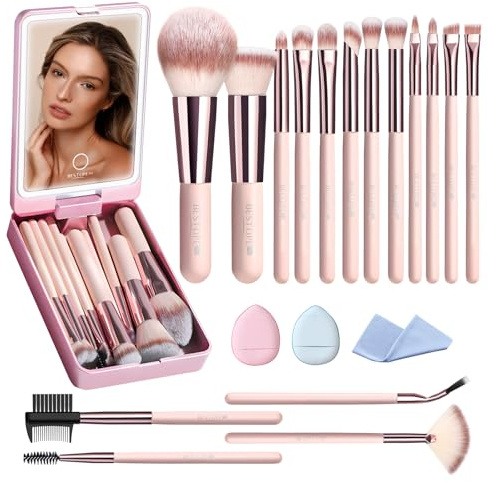 Makeup Brushes with Case, 20PCs Travel Makeup Brush Set, Foundation Concealer Blush Eyeshadow Brush Set Contour Powder Eyebrow Eyelash Brush Kit with Led Light Mirror Holder & 2 Powder Puff-Pink