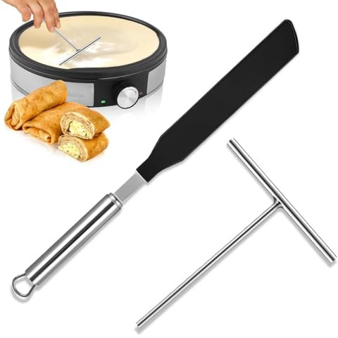 Rastrello per Crêpes, 2 Pezzi Distributore in Acciaio Inox, Impasti Pancake a Forma di T, Silicone Strumenti, Accessori per Crepes per Frittelle per Casa, cucina, Ristorante, Stand Vendita