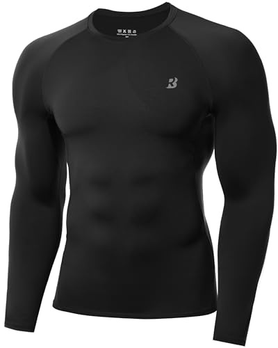 Roadbox Men's Compression Base Layer Shirt Long Sleeve, Quick Dry Performance Compression Top for Running Gym Workout Black