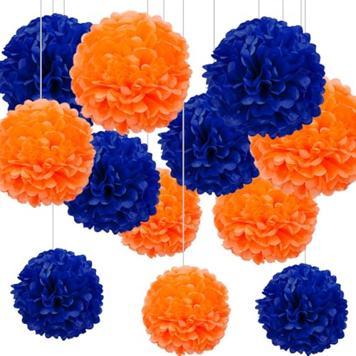 12pcs Orange and Blue Tissue Paper Pom Poms,Hanging Paper Pompoms for Navy Blue Orange Birthday Party Decoration