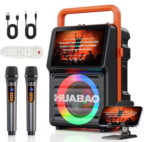 Máquina de Karaoke con Pantalla integrada de 10,1 Pulgadas, Altavoz Bluetooth con visualización de Letras y Luces, duplicación de Pantalla inalámbrica para iOS y Android, 2 micrófonos Recargables