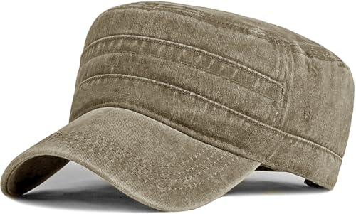 Lynmquober Men's Washed Cotton Army Cap Vintage Military Flat Top Outdoor Baseball Hats Khaki