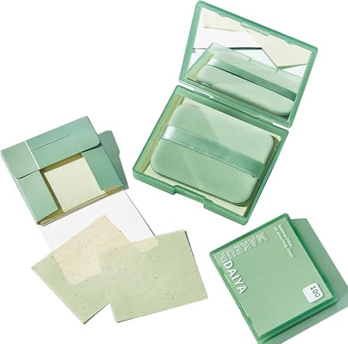 100PCS Blotting Paper - Oil Blotting Sheets for Face - Portable Mirror & Puff - Absorbs Oil, Controls Shine - Skin Tending & Makeup - (Green)