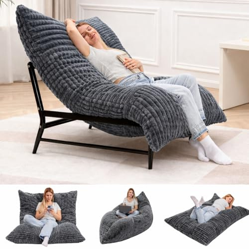 HOMRELEXA Modern Accent Chair, Giant Bean Bag Lounge Chairs with Sturdy Metal Frame & Washable Cover, Comfy Upholstered Chair for Reading Room, Bedroom, Grey