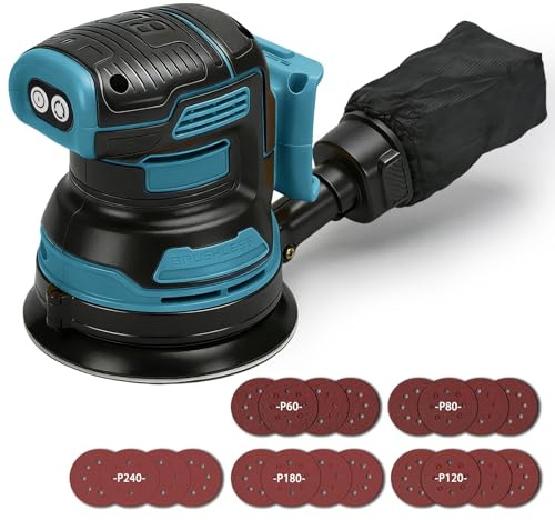 Levigatrice orbitale compatibile con batteria Makita da 18 V, Levigatrice orbitale da 125 mm con 3 velocità, 11,000 giri/min, contenitore di raccolta della polvere e 21 carta vetrata