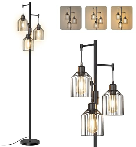 VASAGLE Floor Lamps for Living Room, 176cm Standing Lamp with Metal Shades, Industrial Floor Lamp with 3 Bulbs, Adjustable Brightness, 3 E27 Sockets, Ink Black LFL013BD03