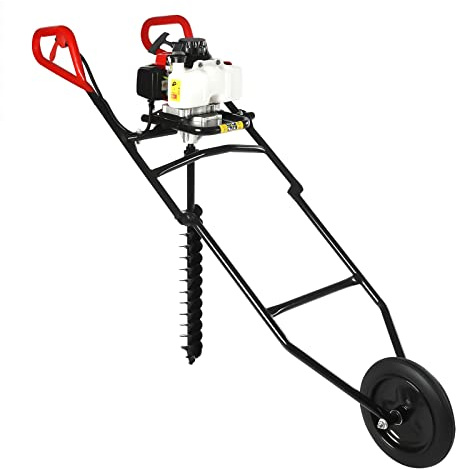 Madelynn Broca de tierra a gas de 2 tiempos con carro de mano, 63 cc, gasolina, 2,2 kW, con taladro, botella mezcladora de combustible y embudo, para tierra, suciedad, hielo, arena fina
