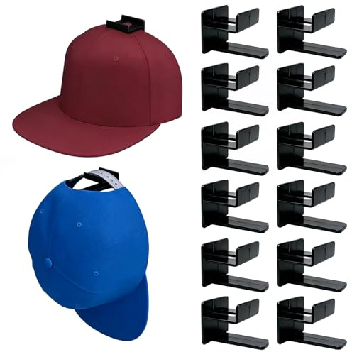 PaYuanRaoTi 12PCS Adhesive Hat Rack Hooks for Wall and Door, Baseball Cap Storage and Hat Storage Organiser, Strong Hat Hooks No Drilling, Self Adhesive Hat Rack for Closet Bedroom Office Display