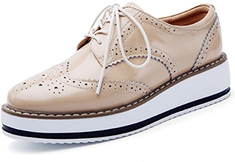 DADAWEN Women's Platform Lace-Up Wingtips Square Toe Oxfords Shoe Apricot US Size 9/Asia Size 41/25.5cm