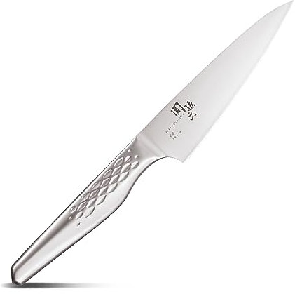 KAI Seki Magoroku Shoso Cuchillo multiusos pequeño con hoja de 12,0 cm - Acero inoxidable 5CR15MoV 56 HRC - Afilado convexo - Mango de acero inoxidable 18-8 con patrón de rombos - Cuchillo universal
