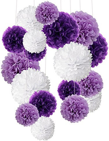 Recosis Tissue Paper Pom Poms, Paper Flower Ball for Birthday Party Wedding Baby Shower Bridal Shower Festival Decorations - Purple, Lavender and White
