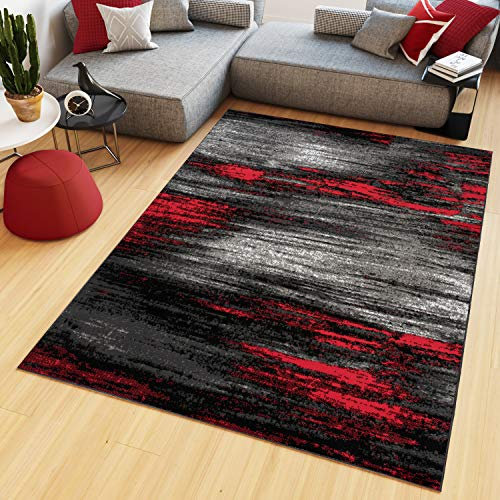 TAPISO Maya Teppich Kurzflor Modern Verwischt Meliert Streifen Design Schwarz Grau Rot Weiß Wohnzimmer Schlafzimmer ÖKOTEX 80 x 150 cm