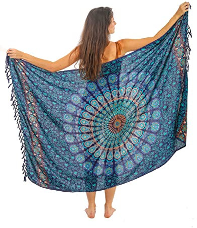 Mandala Life ART Blauer Damen Sarong Pareo Mit Fringe Hochwertiger Rayon Groß Strand Strandtuch Wickeltuch Wickelrock Strandrock Tapisserie Wickeltuch Bikini Cover Up Tuch Für Badeanzug