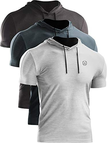 NELEUS Men's 3 Pack Dry Fit Running Shirt Workout Athletic Shirt with Hoods,Grey Black,Slate Gray,Light Grey,US XL,EU 2XL